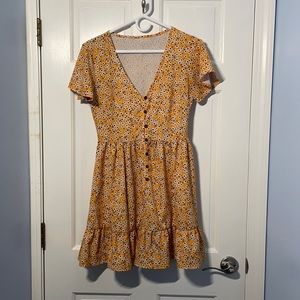 Yellow Flowy Floral Deep V-Neck Sun Dress